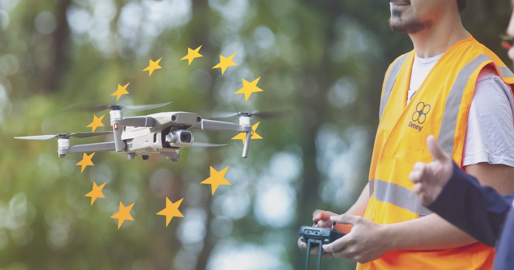 Drone en vol avec les étoiles du drapeau européen
