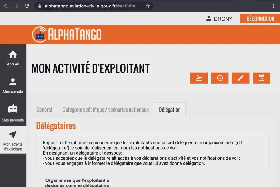 Impression d'écran de la partie délégataire du portail AlphaTango