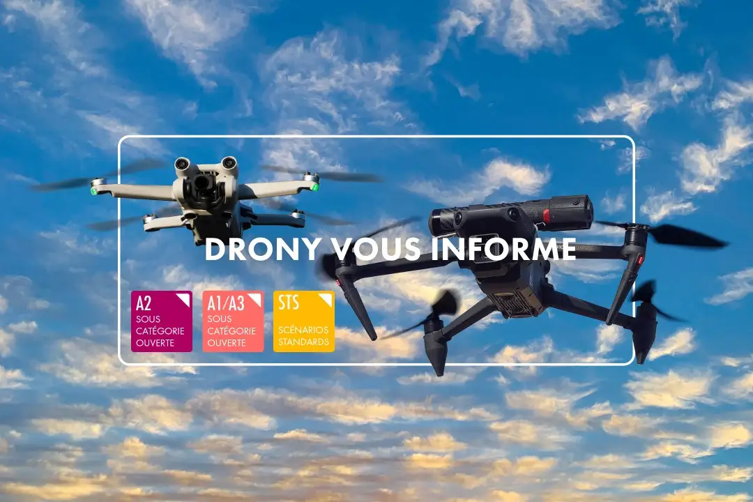 Illustration avec 1 drone de catégorie ouverte et un drone de catégorie sépcifique pour illustrer la rubrique « Drony vous informe ».