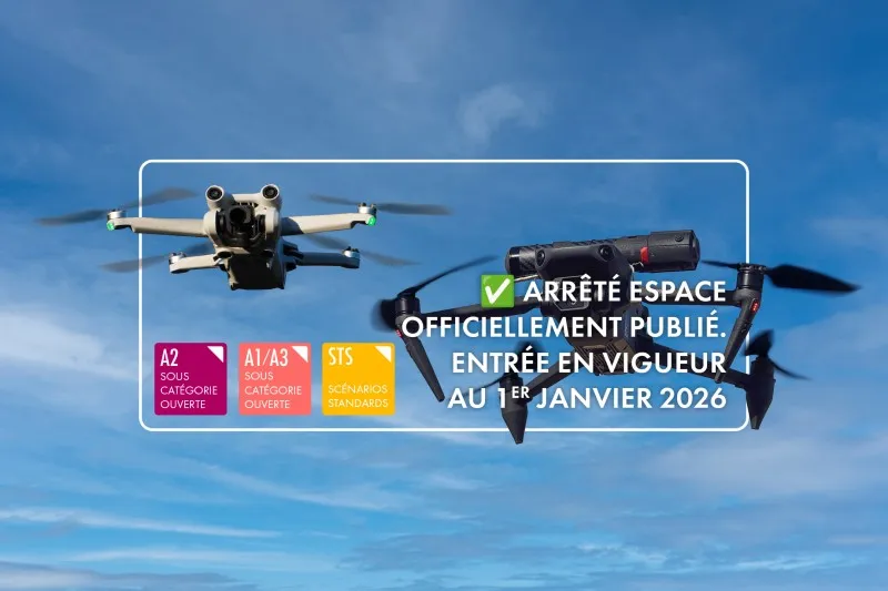 Illustration avec 1 drone de catégorie ouverte et un drone de catégorie sépcifique pour illustrer l'Arrêté espace officiellement publié. Entrée en vigueur  au 1er janvier 2026
