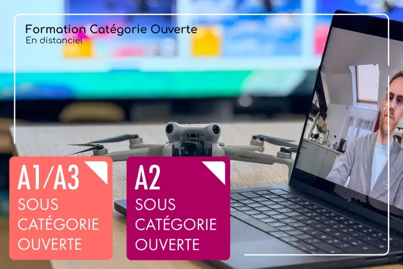 Drone Mavic Mini 4 Pro en intérieur avec un ordinateur en visioconférence avec les logos des scénarios des sous-catégories A1/A3 et A2