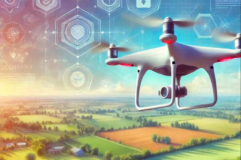 Drone survolant des champs - Illustration générée par IA