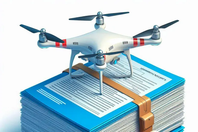 Drone sur un tas de documents (règlementation, etc.) - Illustration générée par IA