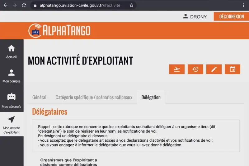 Impression d'écran de la partie délégataire du portail AlphaTango
