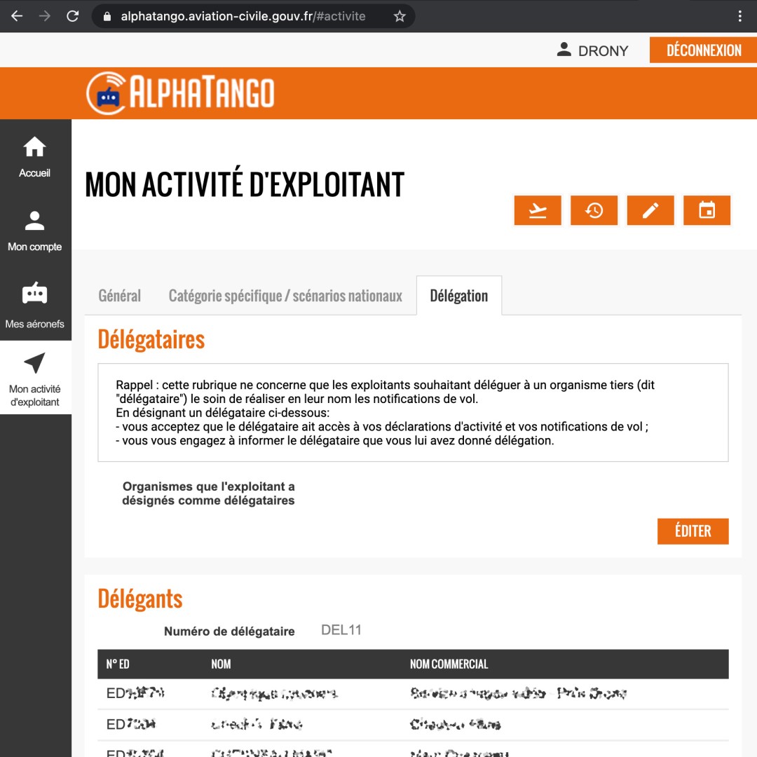 Impression d'écran de la partie délégataire du portail AlphaTango