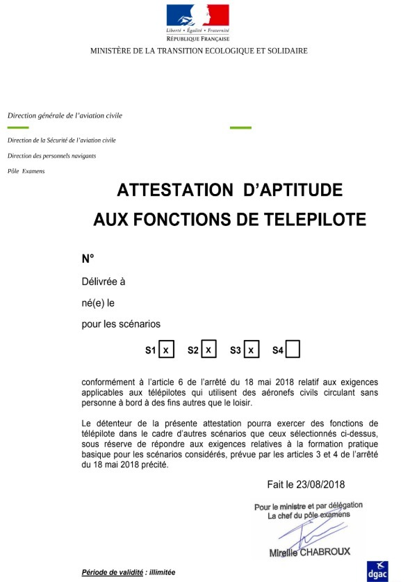 Aperçu de l'attestation d'aptitude aux fonctions de télépilote
